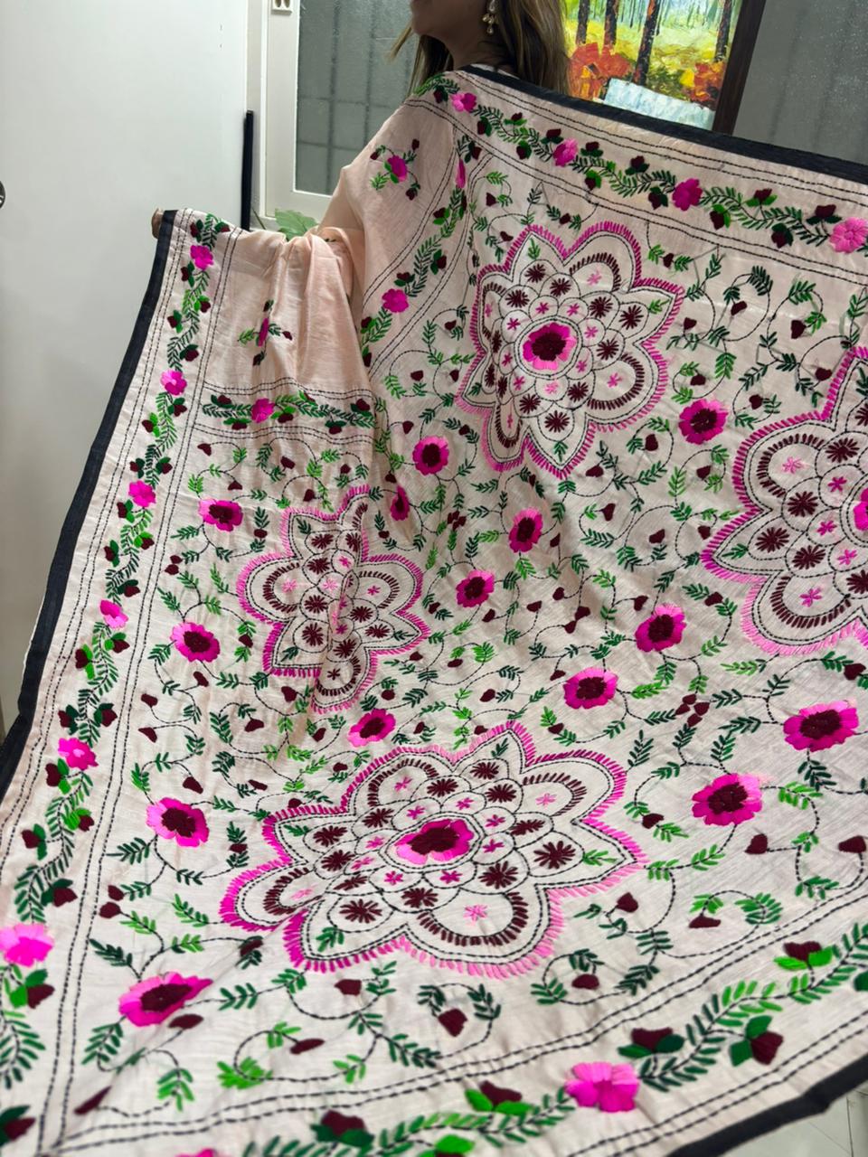 Peach Hand Embroidered Phulkari Chanderi Silk Saree - Luxurion World