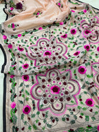 Peach Hand Embroidered Phulkari Chanderi Silk Saree - Luxurion World