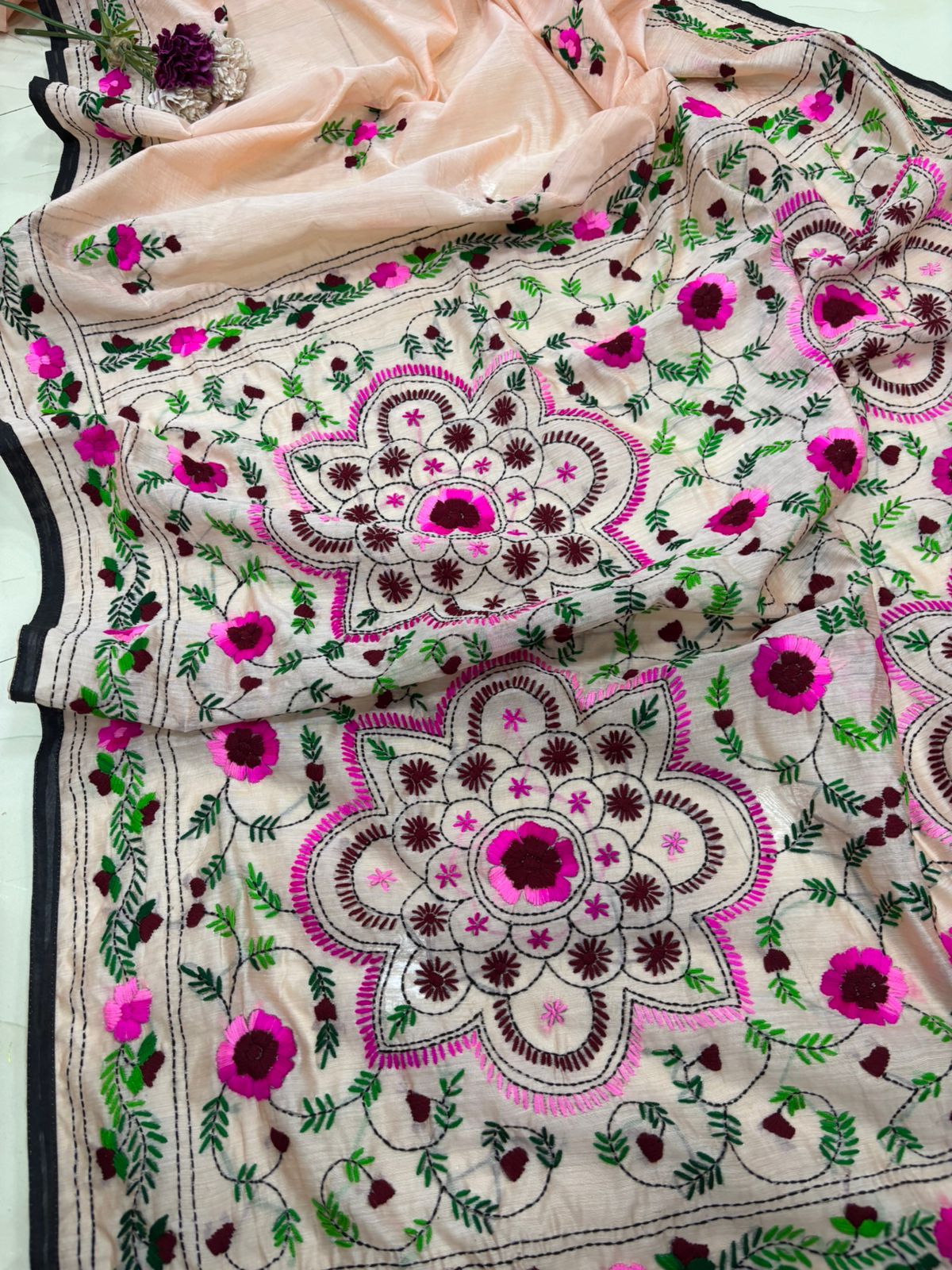 Peach Hand Embroidered Phulkari Chanderi Silk Saree - Luxurion World