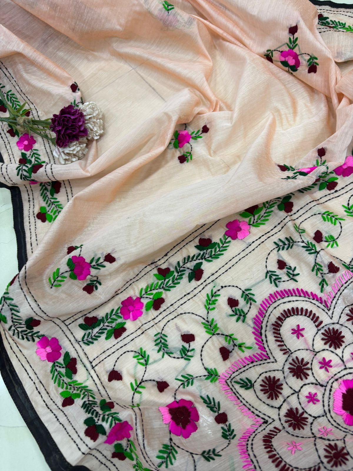 Peach Hand Embroidered Phulkari Chanderi Silk Saree - Luxurion World