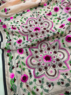 Peach Hand Embroidered Phulkari Chanderi Silk Saree - Luxurion World