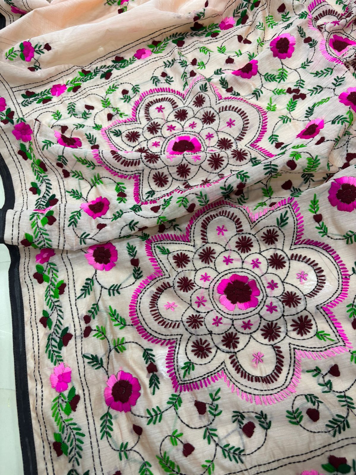 Peach Hand Embroidered Phulkari Chanderi Silk Saree - Luxurion World