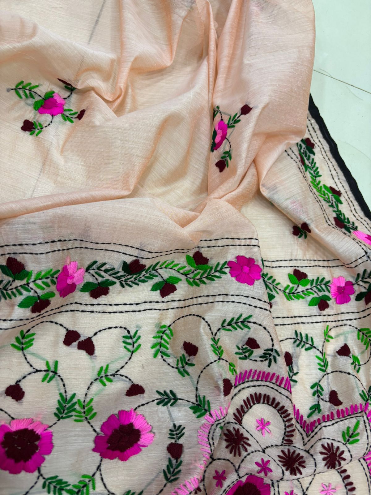 Peach Hand Embroidered Phulkari Chanderi Silk Saree - Luxurion World