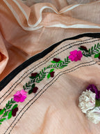 Peach Hand Embroidered Phulkari Chanderi Silk Saree - Luxurion World
