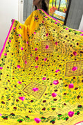 Yellow Hand Embroidered Phulkari Chanderi Silk Saree - Luxurion World