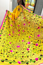 Yellow Hand Embroidered Phulkari Chanderi Silk Saree - Luxurion World