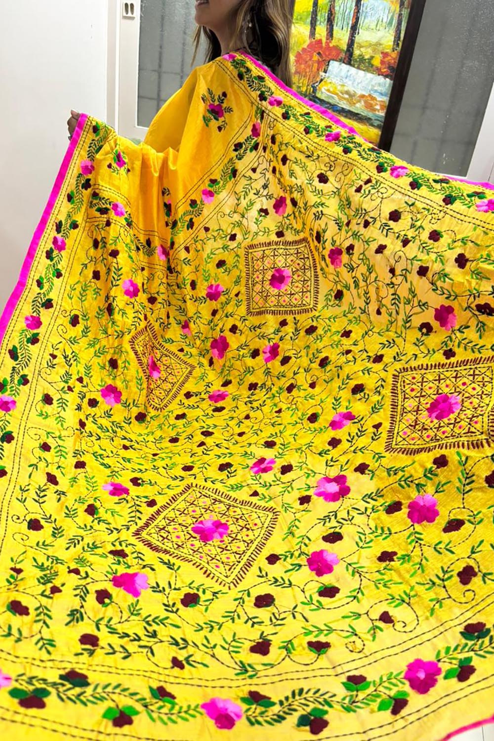 Yellow Hand Embroidered Phulkari Chanderi Silk Saree - Luxurion World