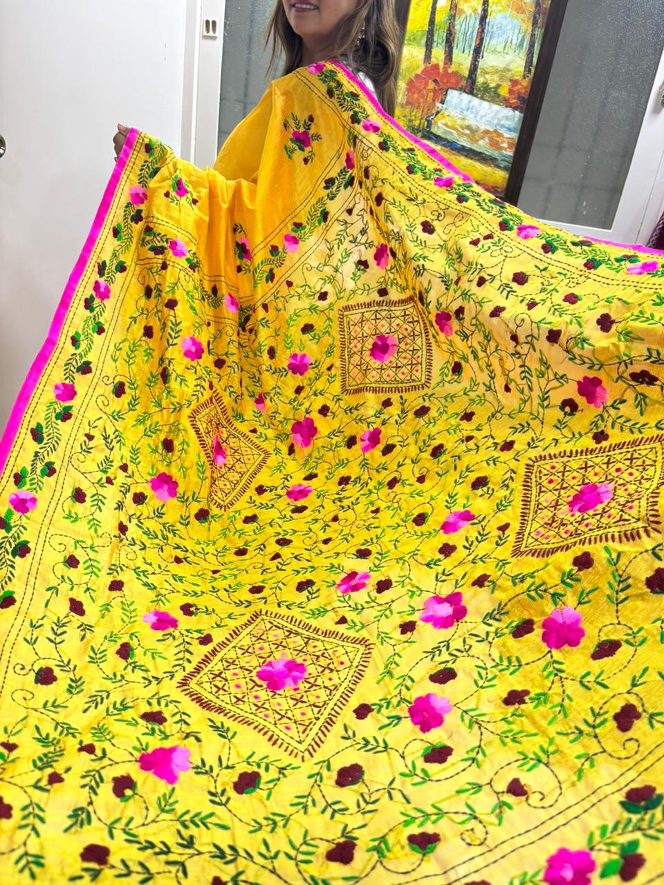 Yellow Hand Embroidered Phulkari Chanderi Silk Saree - Luxurion World