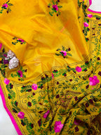 Yellow Hand Embroidered Phulkari Chanderi Silk Saree - Luxurion World