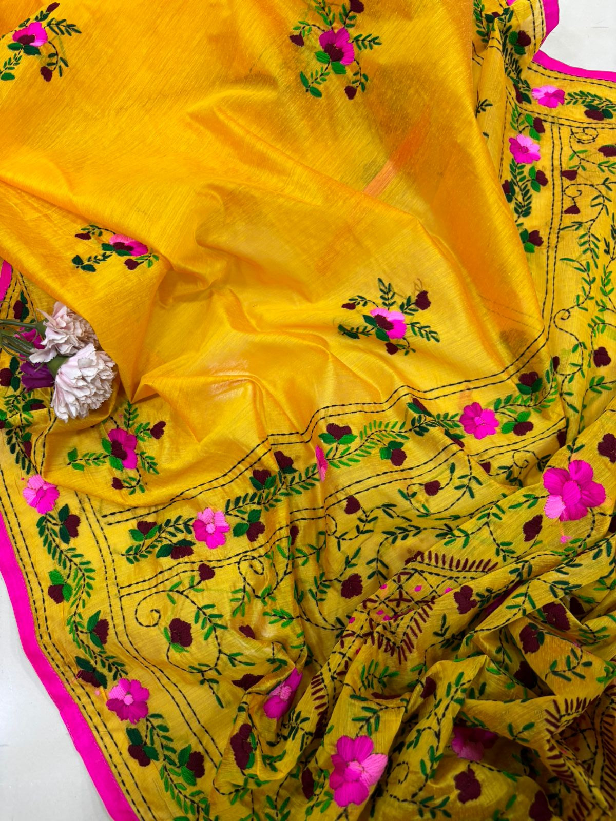 Yellow Hand Embroidered Phulkari Chanderi Silk Saree - Luxurion World