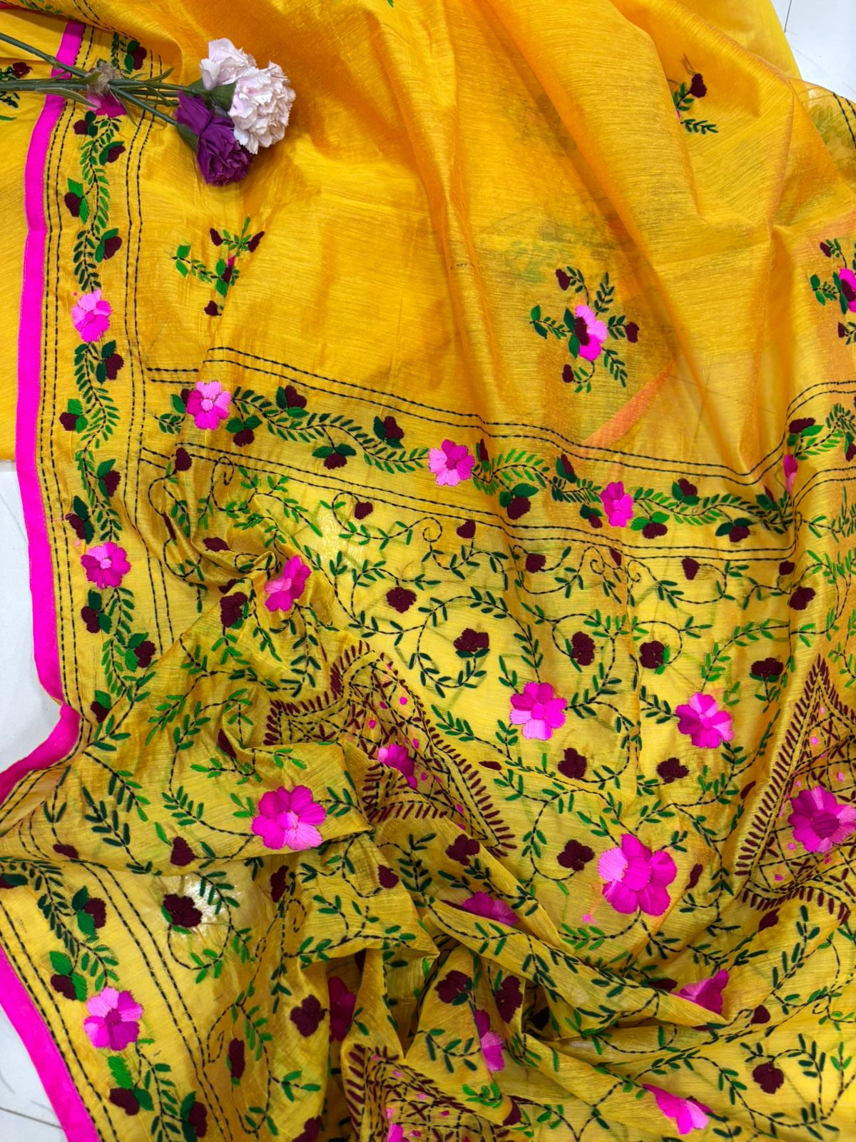 Yellow Hand Embroidered Phulkari Chanderi Silk Saree - Luxurion World