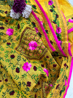 Yellow Hand Embroidered Phulkari Chanderi Silk Saree - Luxurion World