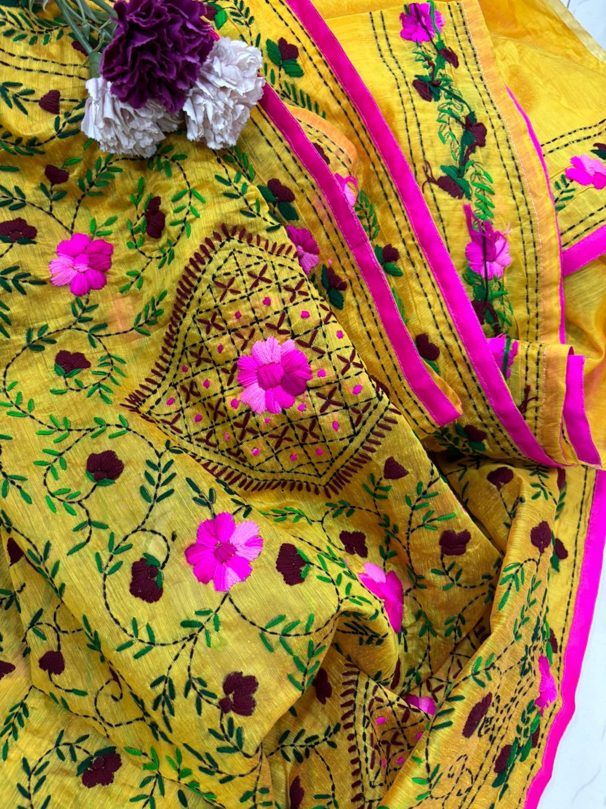 Yellow Hand Embroidered Phulkari Chanderi Silk Saree - Luxurion World