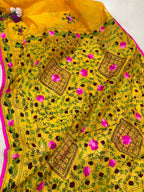 Yellow Hand Embroidered Phulkari Chanderi Silk Saree - Luxurion World