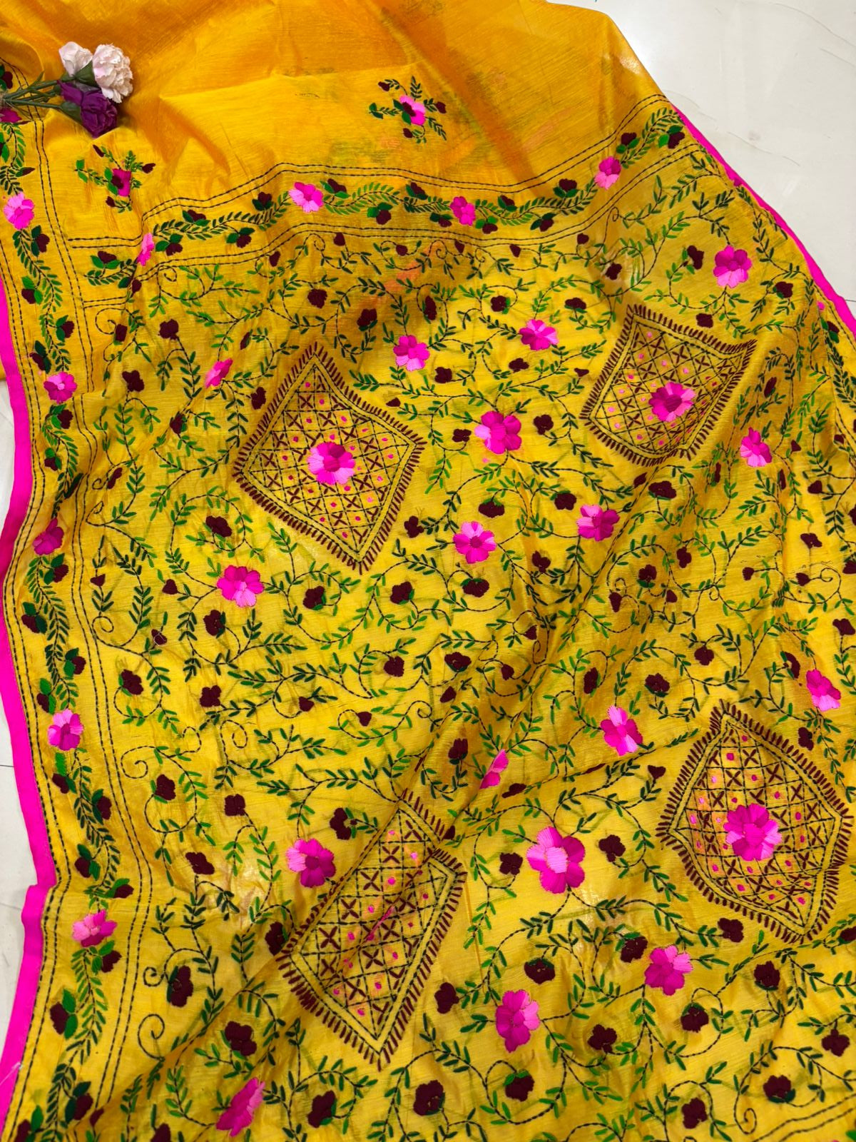 Yellow Hand Embroidered Phulkari Chanderi Silk Saree - Luxurion World