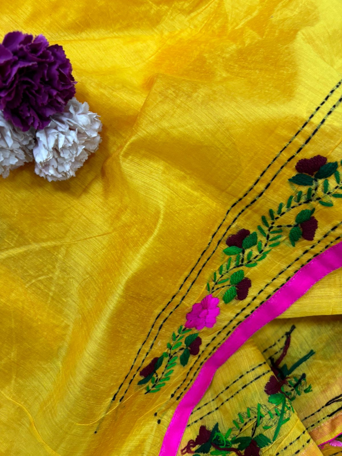 Yellow Hand Embroidered Phulkari Chanderi Silk Saree - Luxurion World