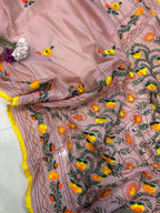 Peach Hand Embroidered Phulkari Chanderi Silk Saree - Luxurion World