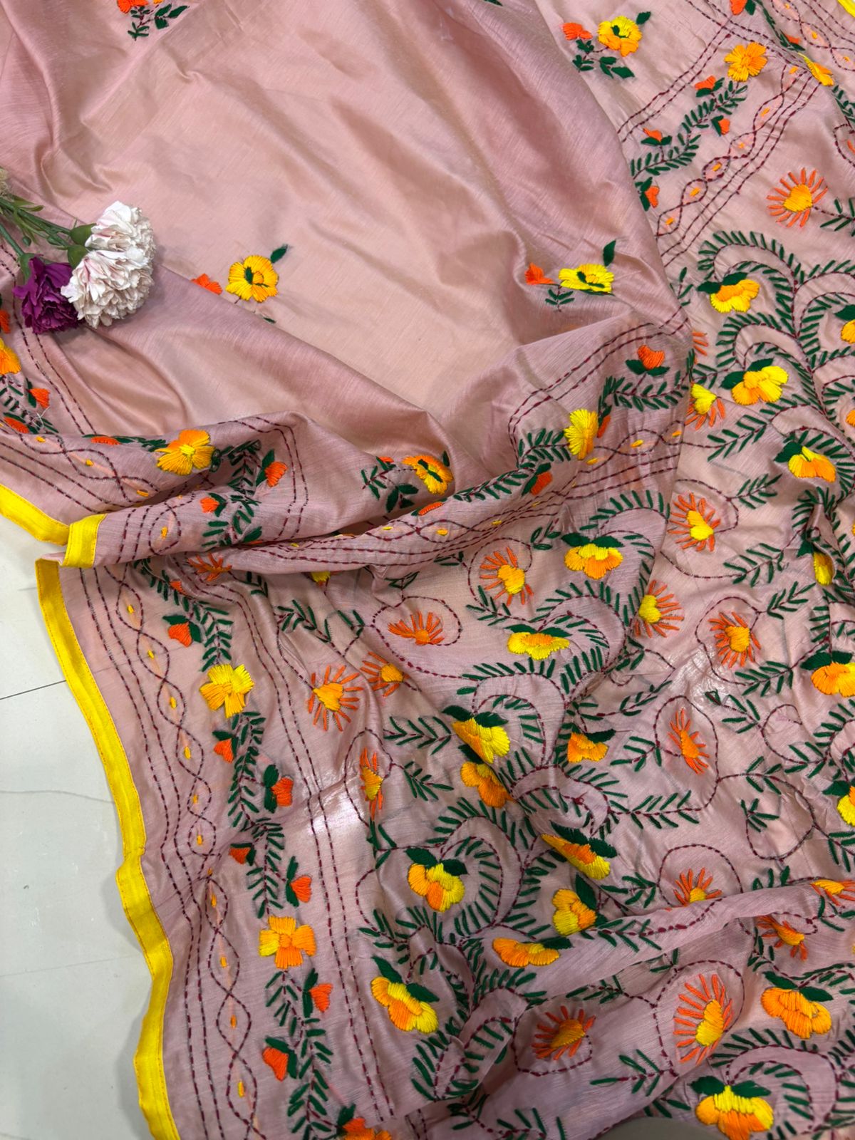 Peach Hand Embroidered Phulkari Chanderi Silk Saree - Luxurion World