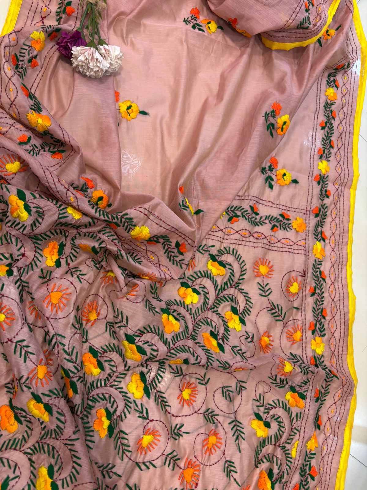 Peach Hand Embroidered Phulkari Chanderi Silk Saree - Luxurion World