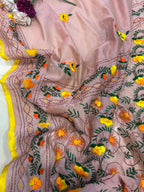 Peach Hand Embroidered Phulkari Chanderi Silk Saree - Luxurion World