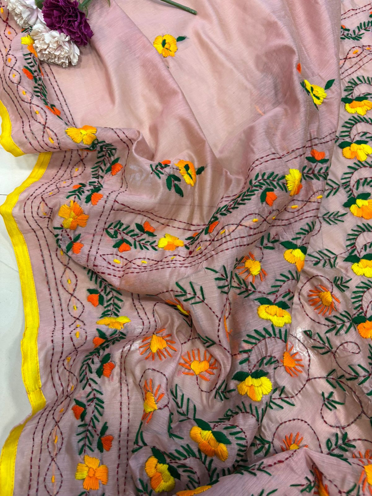 Peach Hand Embroidered Phulkari Chanderi Silk Saree - Luxurion World