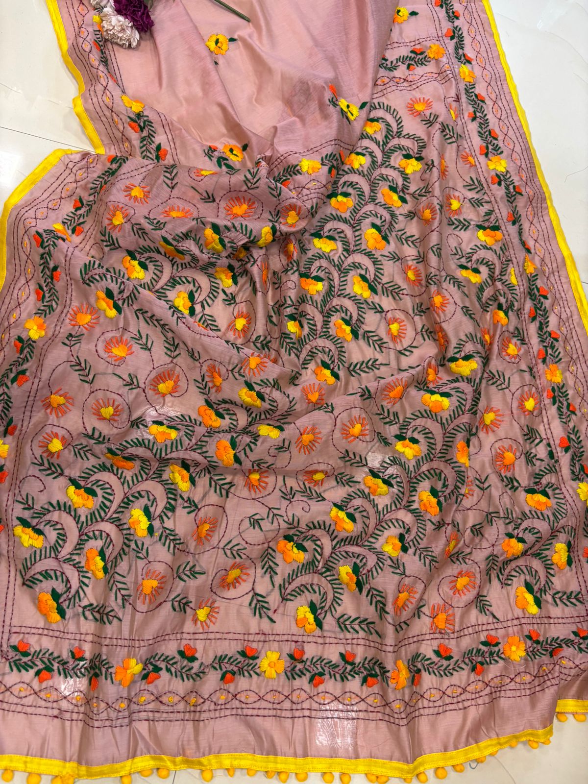 Peach Hand Embroidered Phulkari Chanderi Silk Saree - Luxurion World