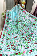 Blue Hand Embroidered Phulkari Chanderi Silk Saree - Luxurion World