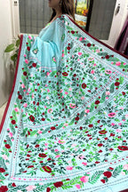 Blue Hand Embroidered Phulkari Chanderi Silk Saree - Luxurion World