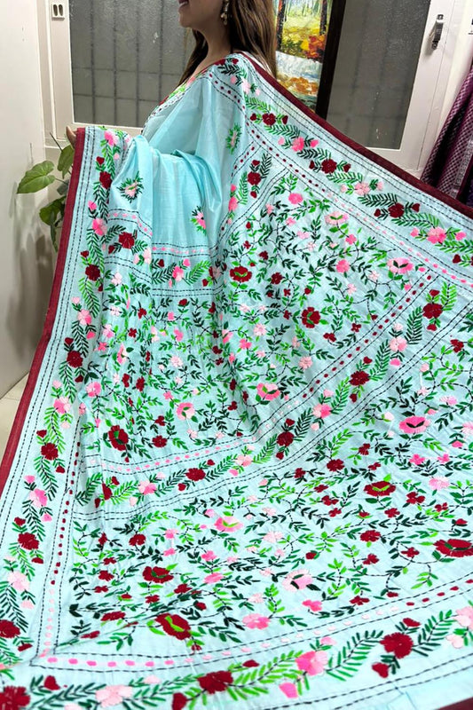 Blue Hand Embroidered Phulkari Chanderi Silk Saree - Luxurion World
