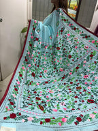 Blue Hand Embroidered Phulkari Chanderi Silk Saree - Luxurion World