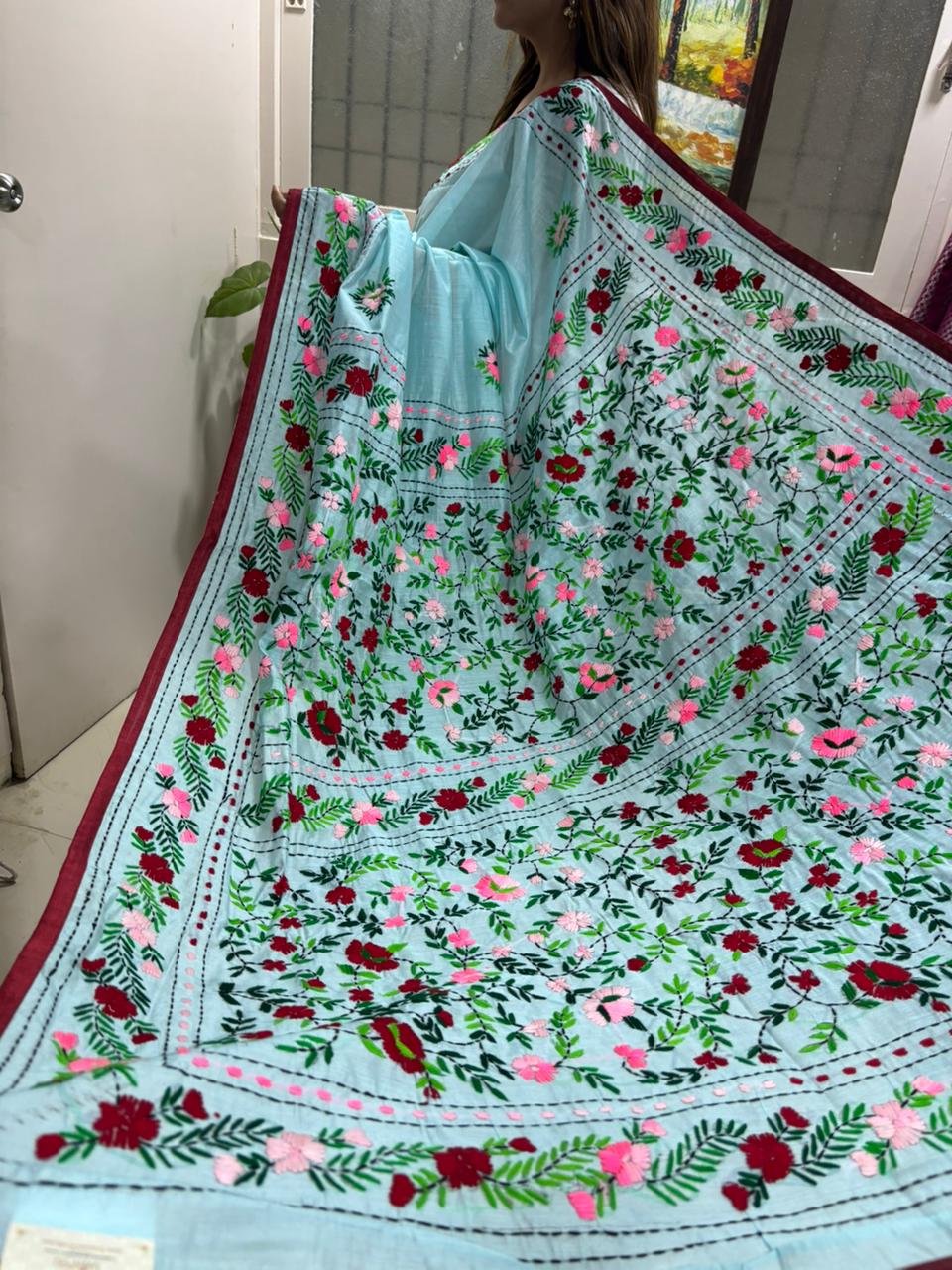 Blue Hand Embroidered Phulkari Chanderi Silk Saree - Luxurion World