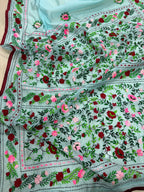 Blue Hand Embroidered Phulkari Chanderi Silk Saree - Luxurion World