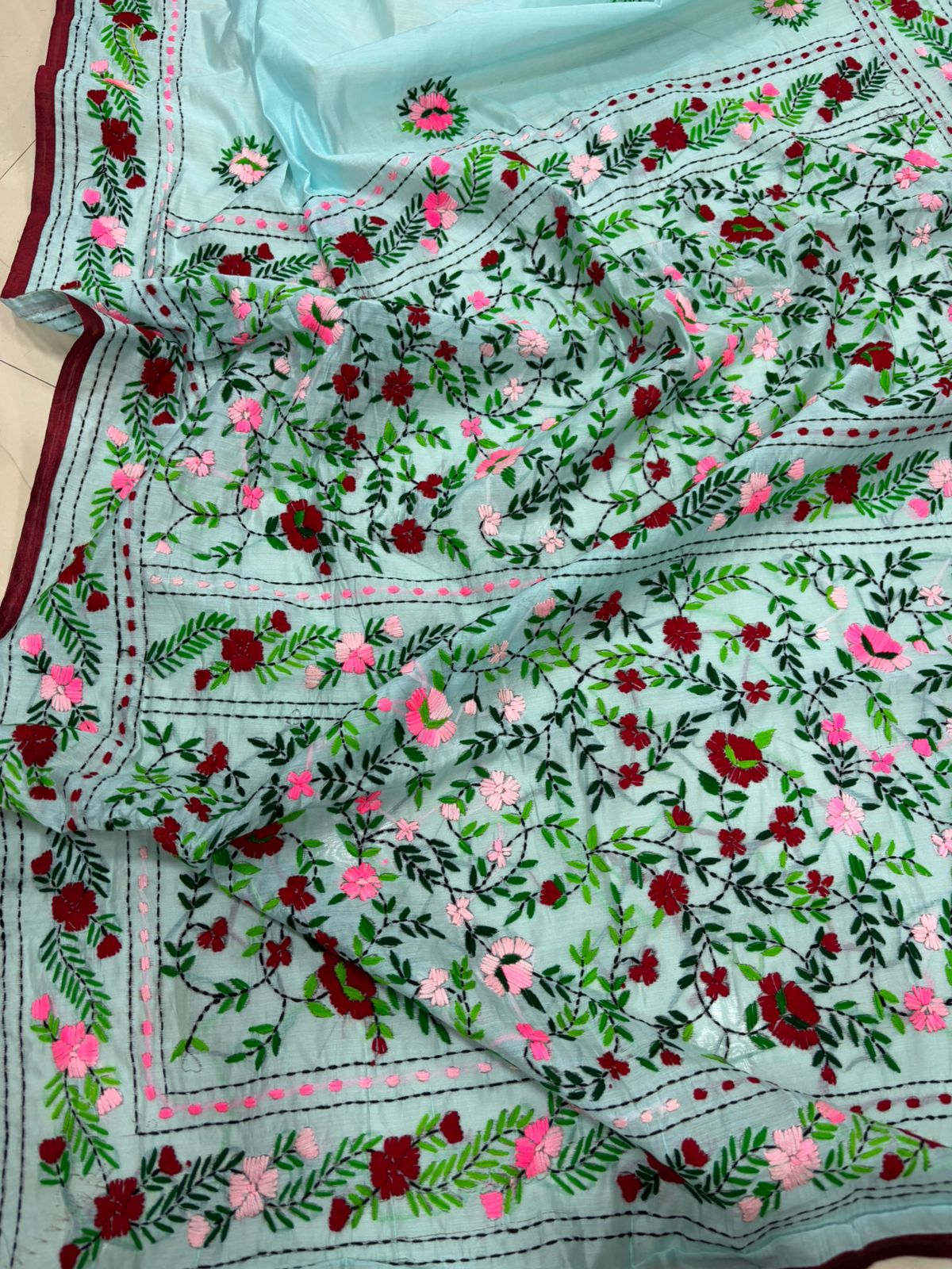 Blue Hand Embroidered Phulkari Chanderi Silk Saree - Luxurion World