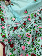 Blue Hand Embroidered Phulkari Chanderi Silk Saree - Luxurion World