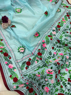 Blue Hand Embroidered Phulkari Chanderi Silk Saree - Luxurion World