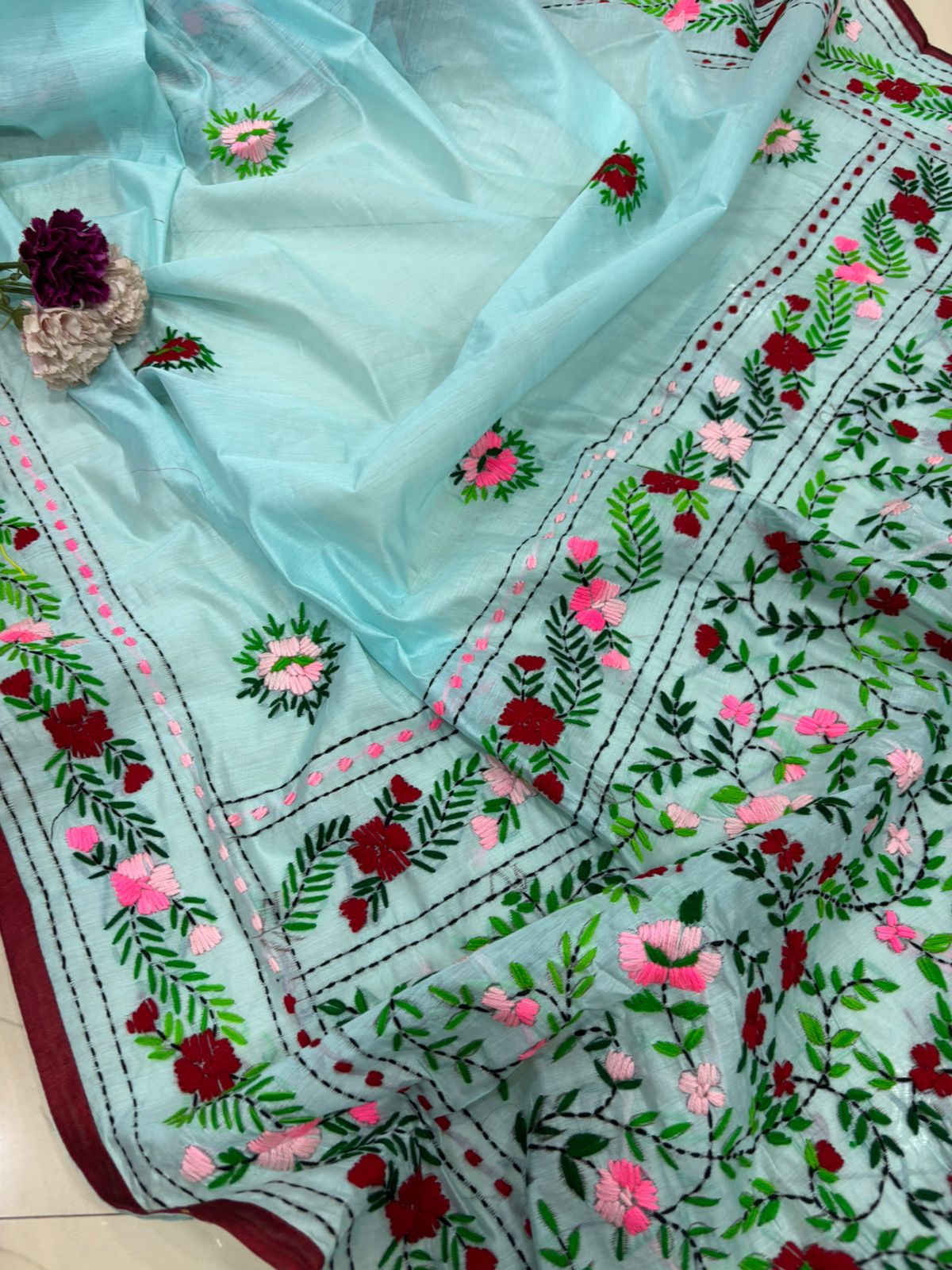 Blue Hand Embroidered Phulkari Chanderi Silk Saree - Luxurion World