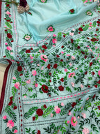 Blue Hand Embroidered Phulkari Chanderi Silk Saree - Luxurion World