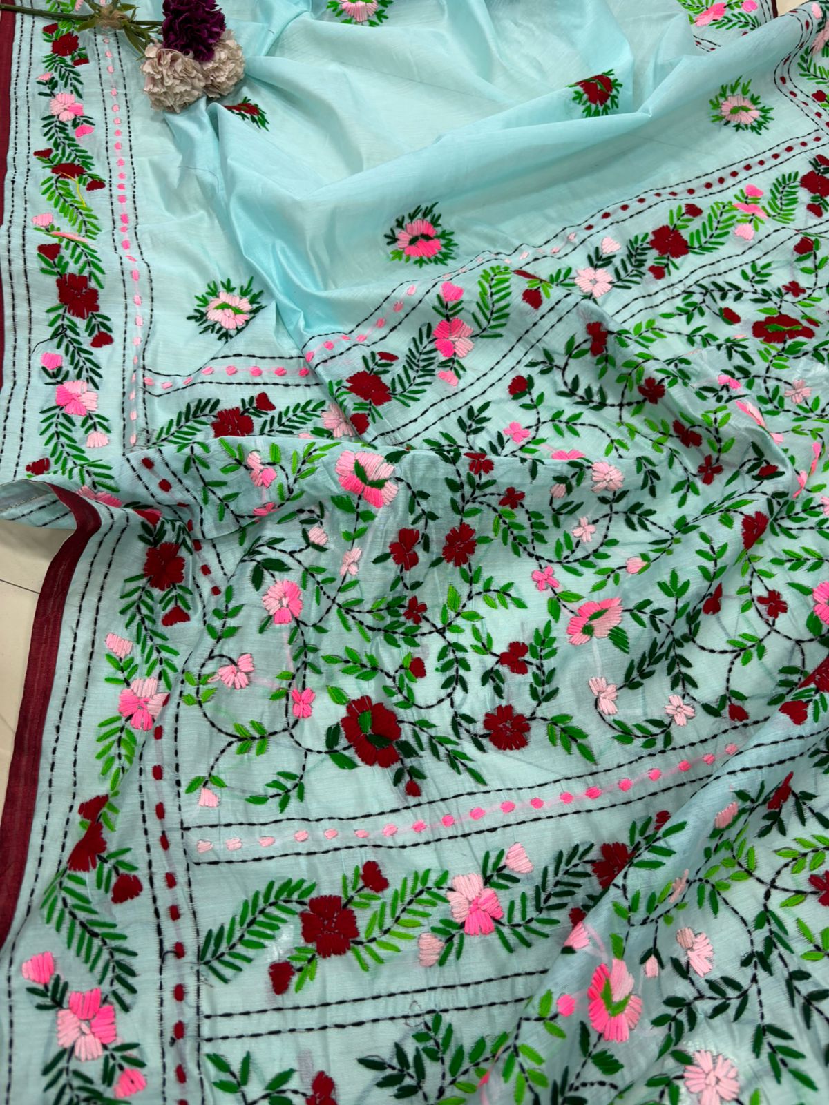Blue Hand Embroidered Phulkari Chanderi Silk Saree - Luxurion World