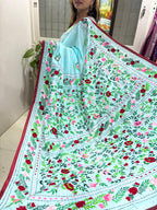 Blue Hand Embroidered Phulkari Chanderi Silk Saree - Luxurion World