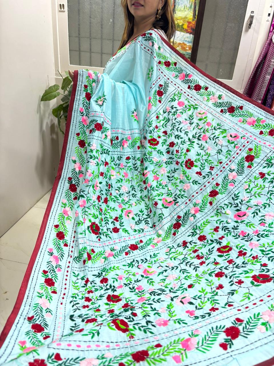 Blue Hand Embroidered Phulkari Chanderi Silk Saree - Luxurion World