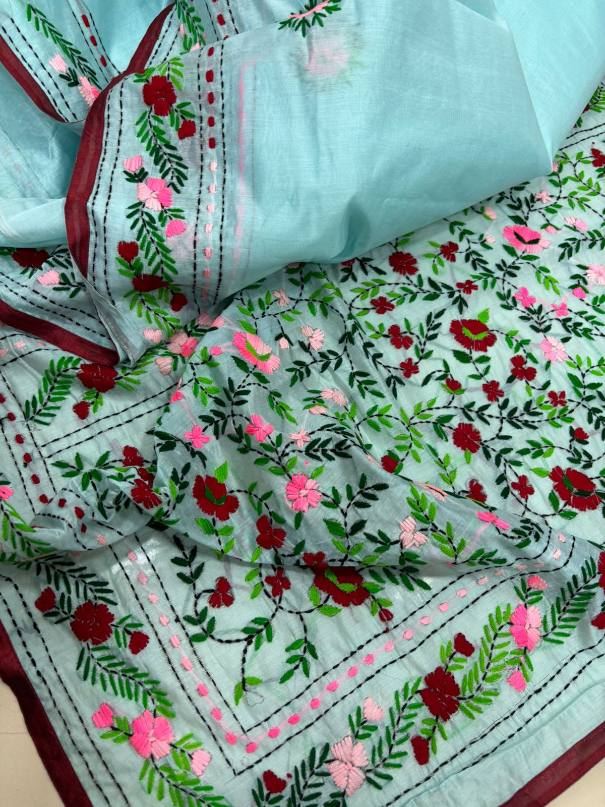 Blue Hand Embroidered Phulkari Chanderi Silk Saree - Luxurion World