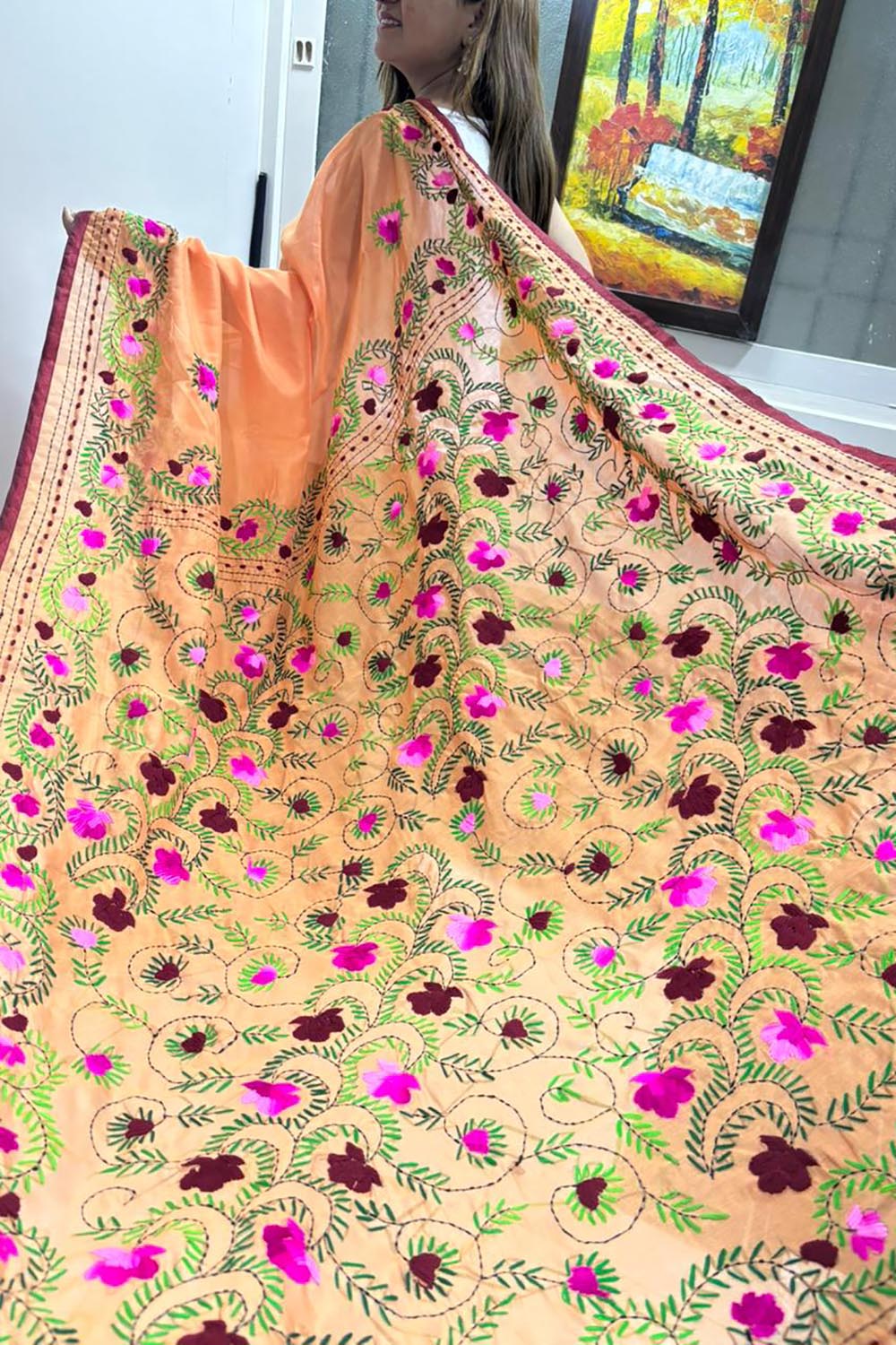 Orange Hand Embroidered Phulkari Chanderi Silk Saree - Luxurion World