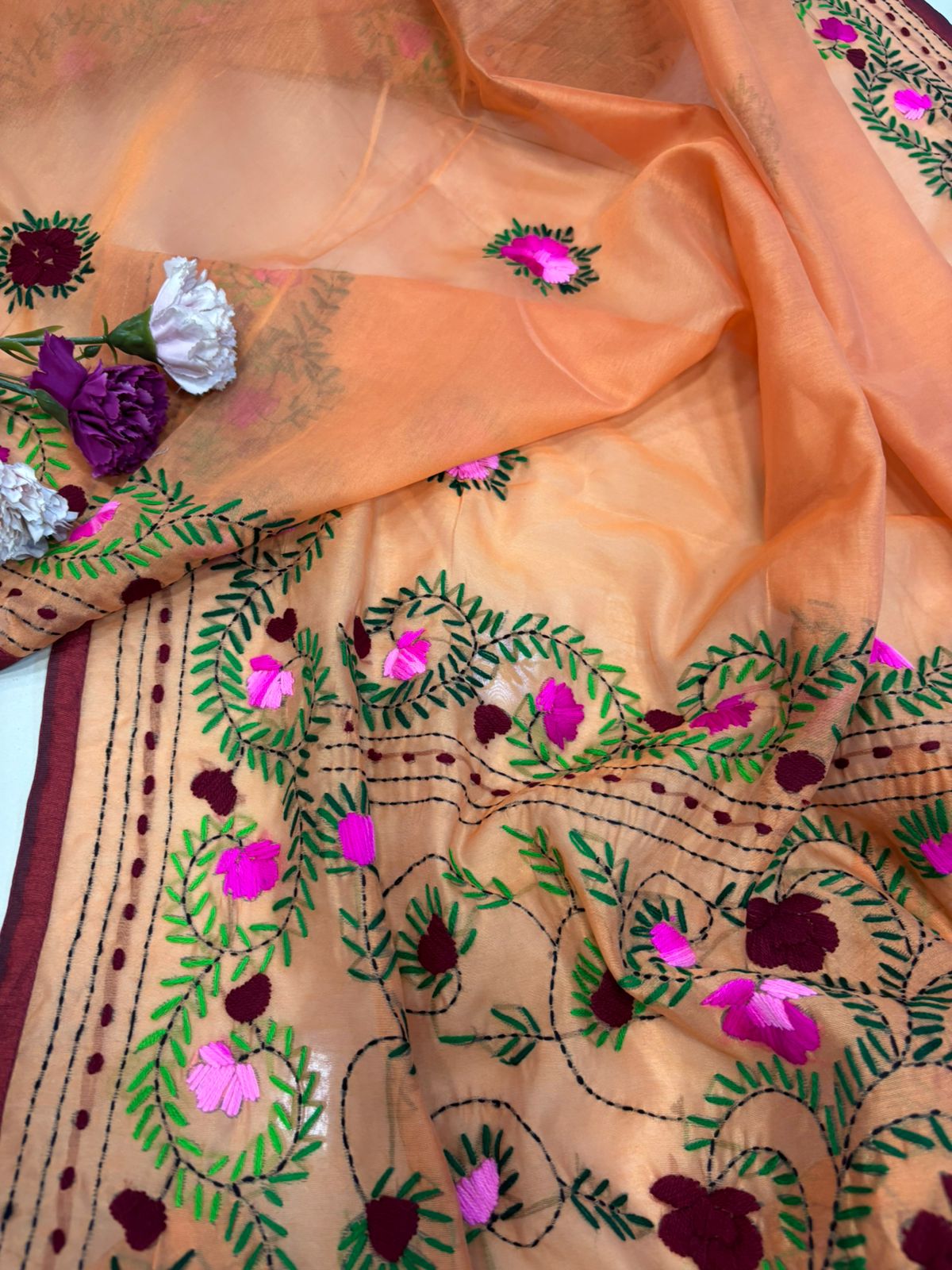 Orange Hand Embroidered Phulkari Chanderi Silk Saree - Luxurion World