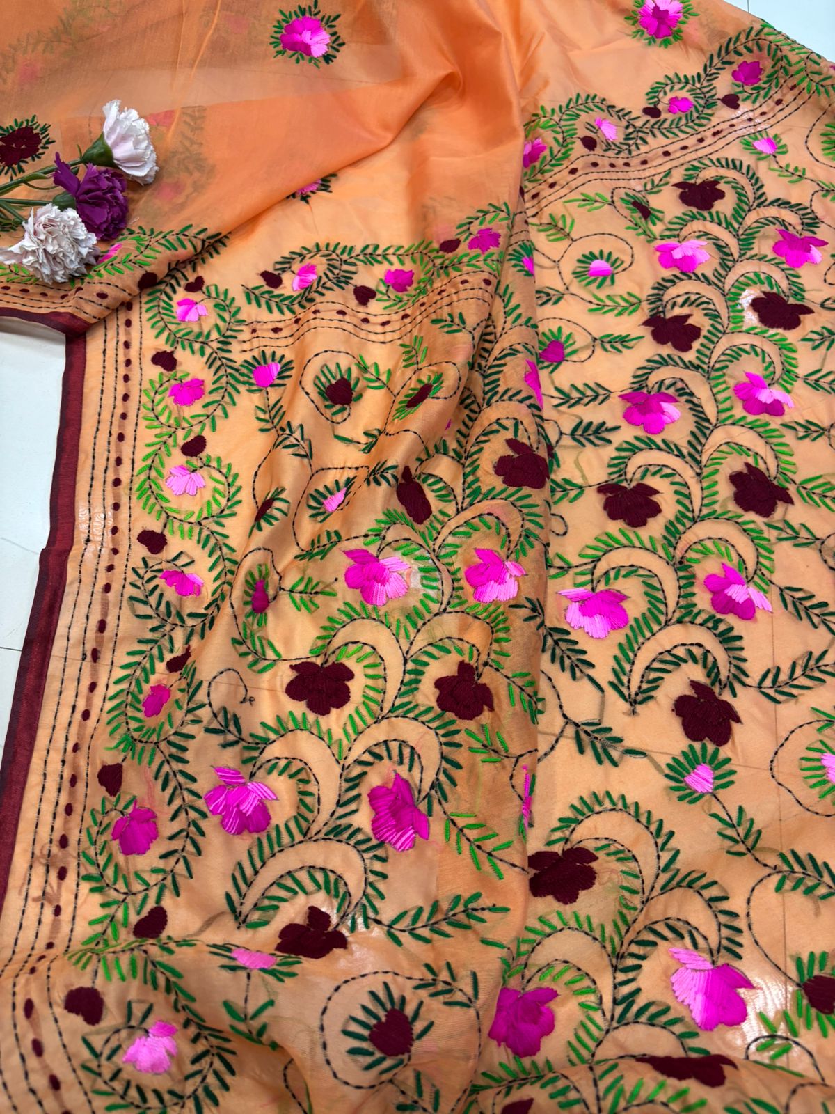Orange Hand Embroidered Phulkari Chanderi Silk Saree - Luxurion World