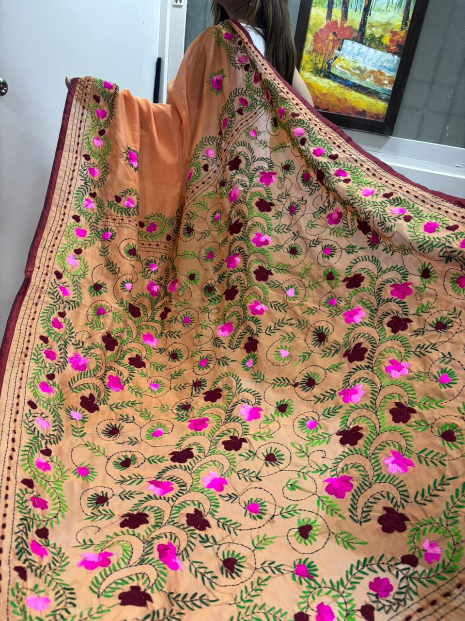 Orange Hand Embroidered Phulkari Chanderi Silk Saree - Luxurion World