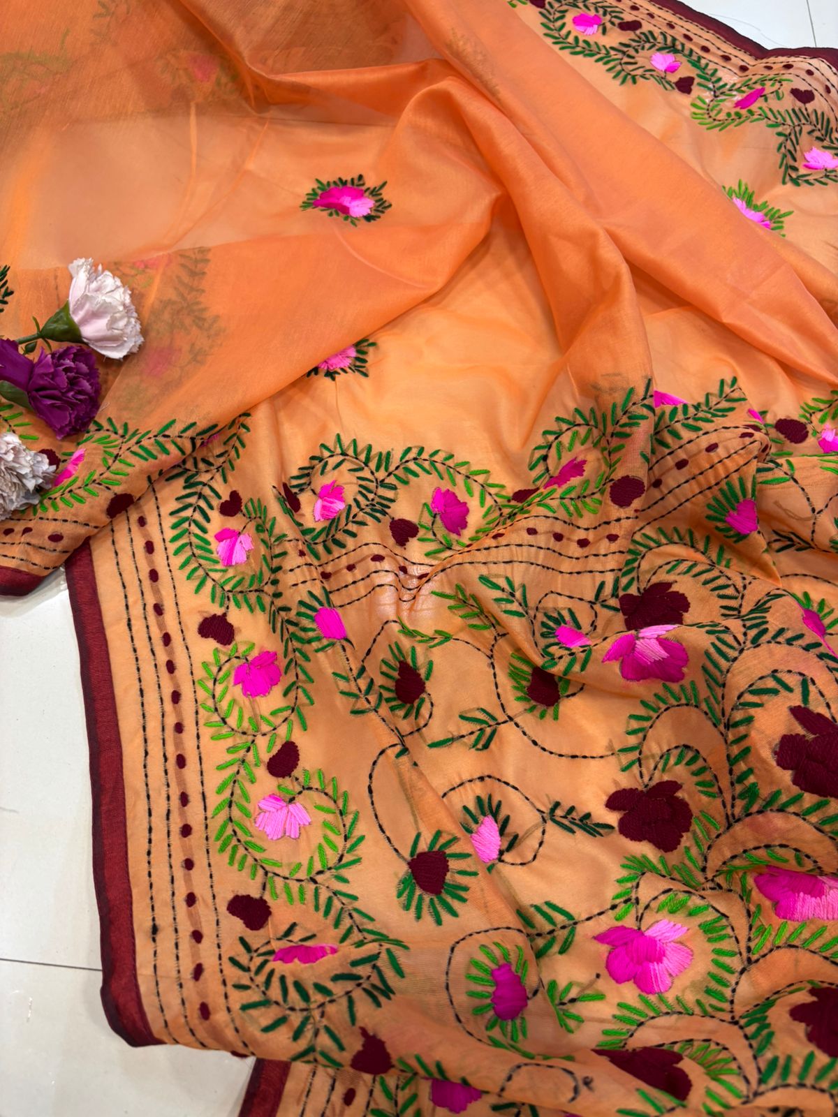 Orange Hand Embroidered Phulkari Chanderi Silk Saree - Luxurion World