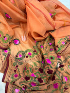 Orange Hand Embroidered Phulkari Chanderi Silk Saree - Luxurion World