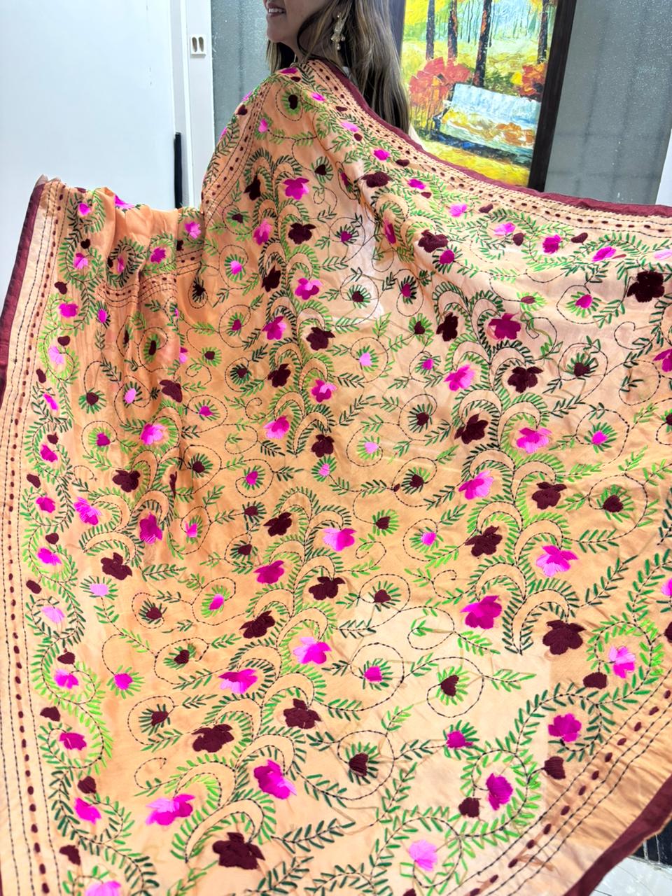 Orange Hand Embroidered Phulkari Chanderi Silk Saree - Luxurion World