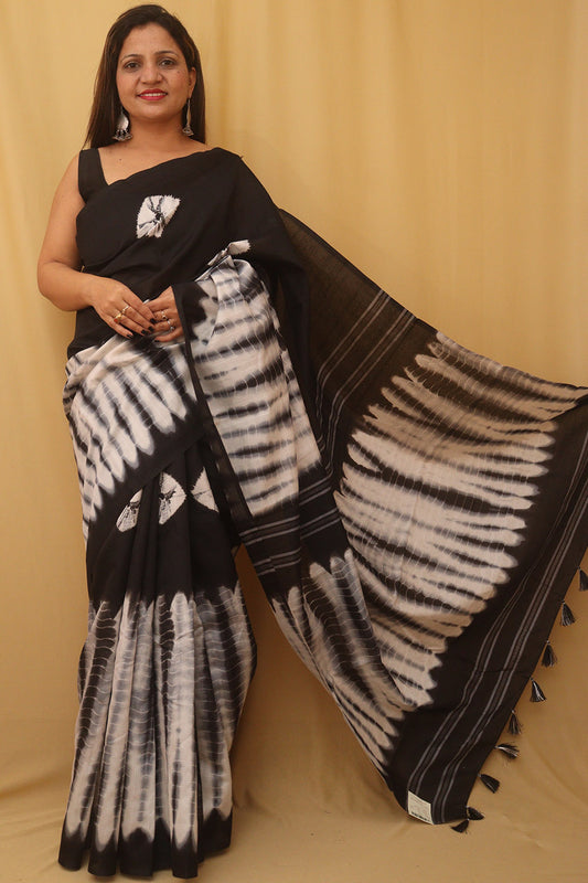 Black And White Shibori Print Semi Tussar Silk Saree