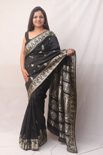 Exquisite Black Swarnachari Pure Silk Saree - Handloom Woven - Luxurion World